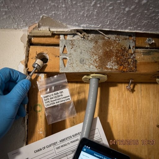 Asbestos bulk sample collection from wall cavity in Las Vegas home: gloved technician extracting material sample with chain of custody documentation, Mold Eliminators