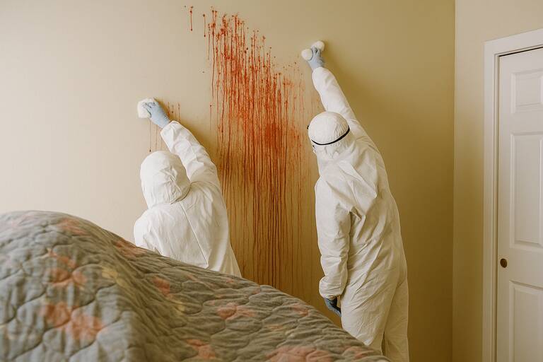 Mold Eliminators biohazard remediation technicians in full PPE and Tyvek suits performing crime scene cleanup in Las Vegas