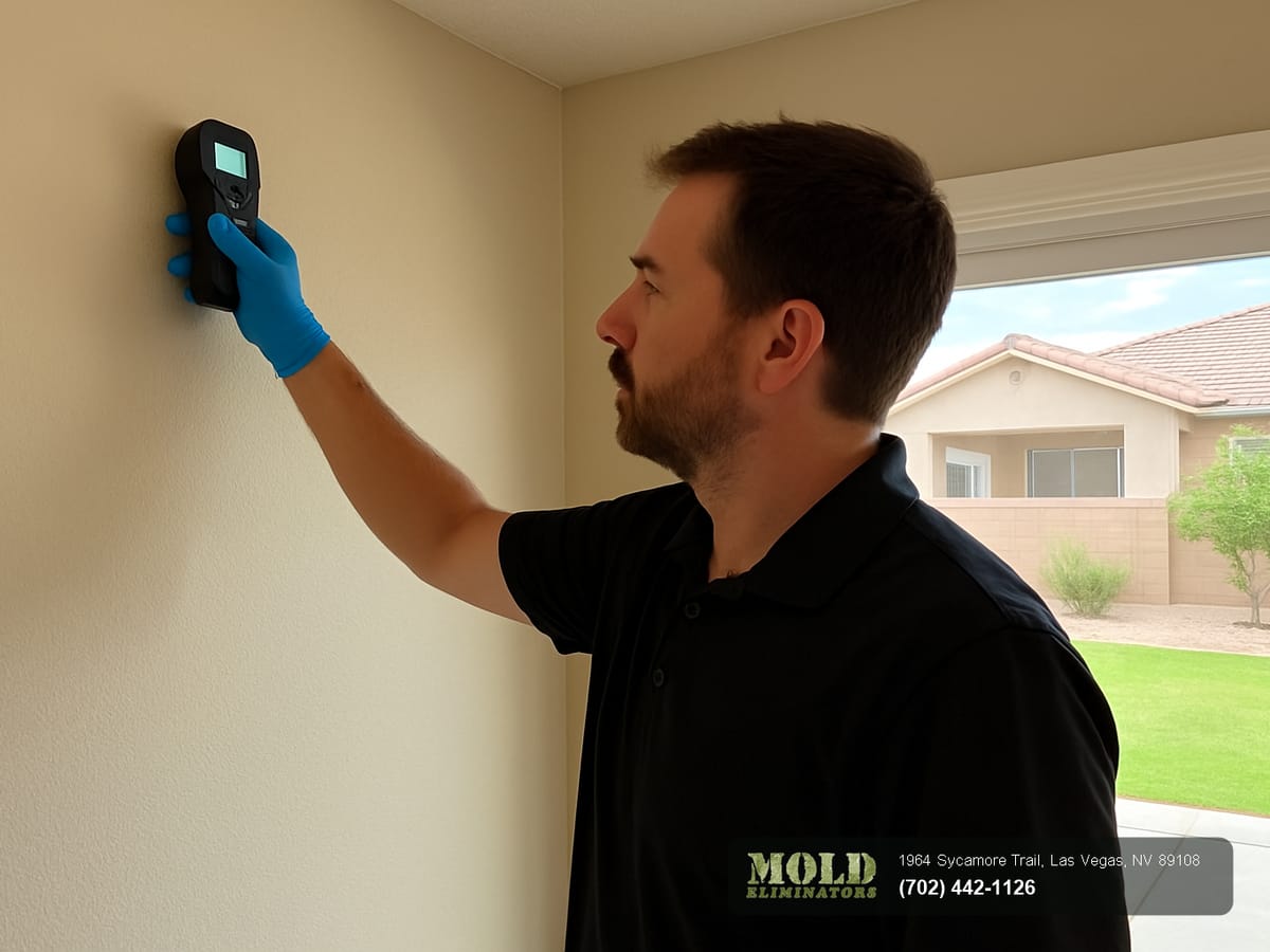 Mold Eliminators technician collecting a suspect material sample for asbestos testing in a Henderson home