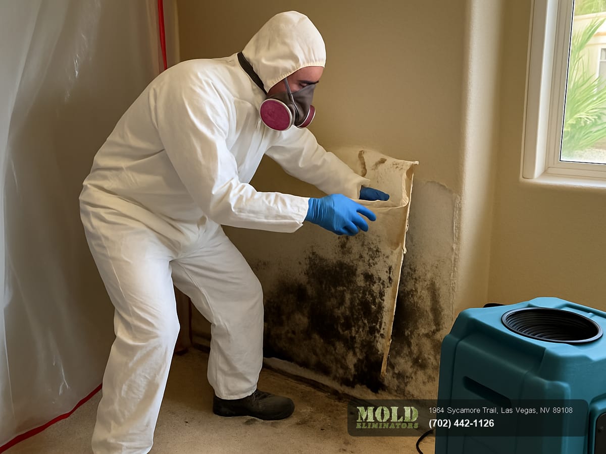 Open vanity cabinet under a bathroom sink showing dark moisture staining on the cabinet floor in a Las Vegas home