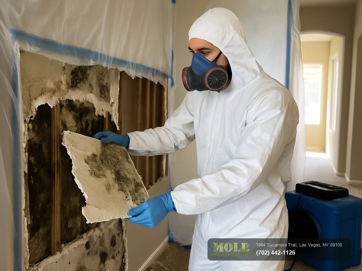 Mold Eliminators technicians performing containment and remediation on a Las Vegas job site