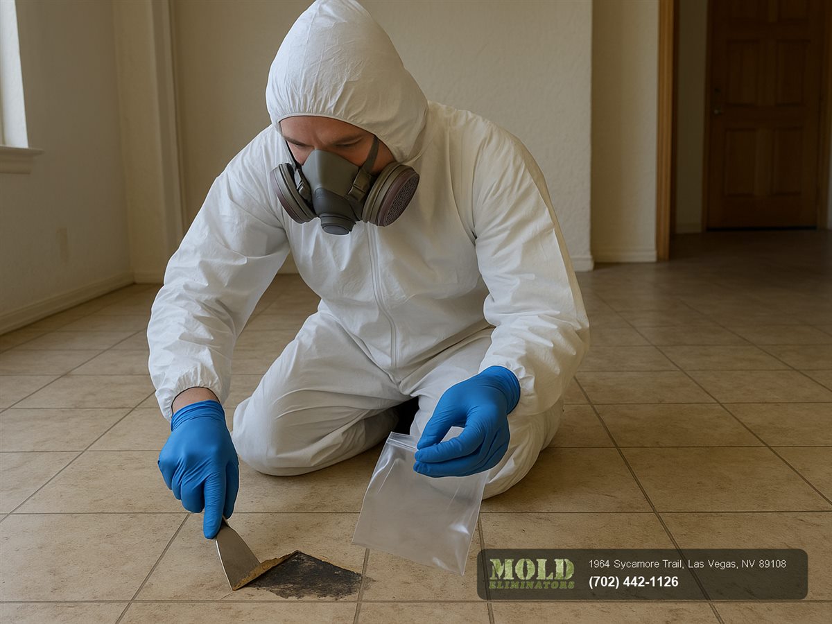 Technician lifting a corner of old vinyl floor tile to collect an asbestos sample in an older Las Vegas home