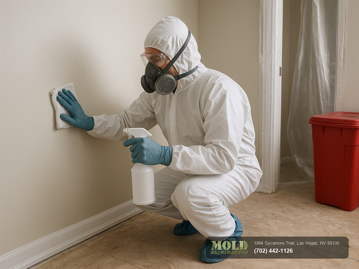 Biohazard cleanup technician wiping down a wall with disinfectant beside a sealed biohazard disposal bin in a Las Vegas home