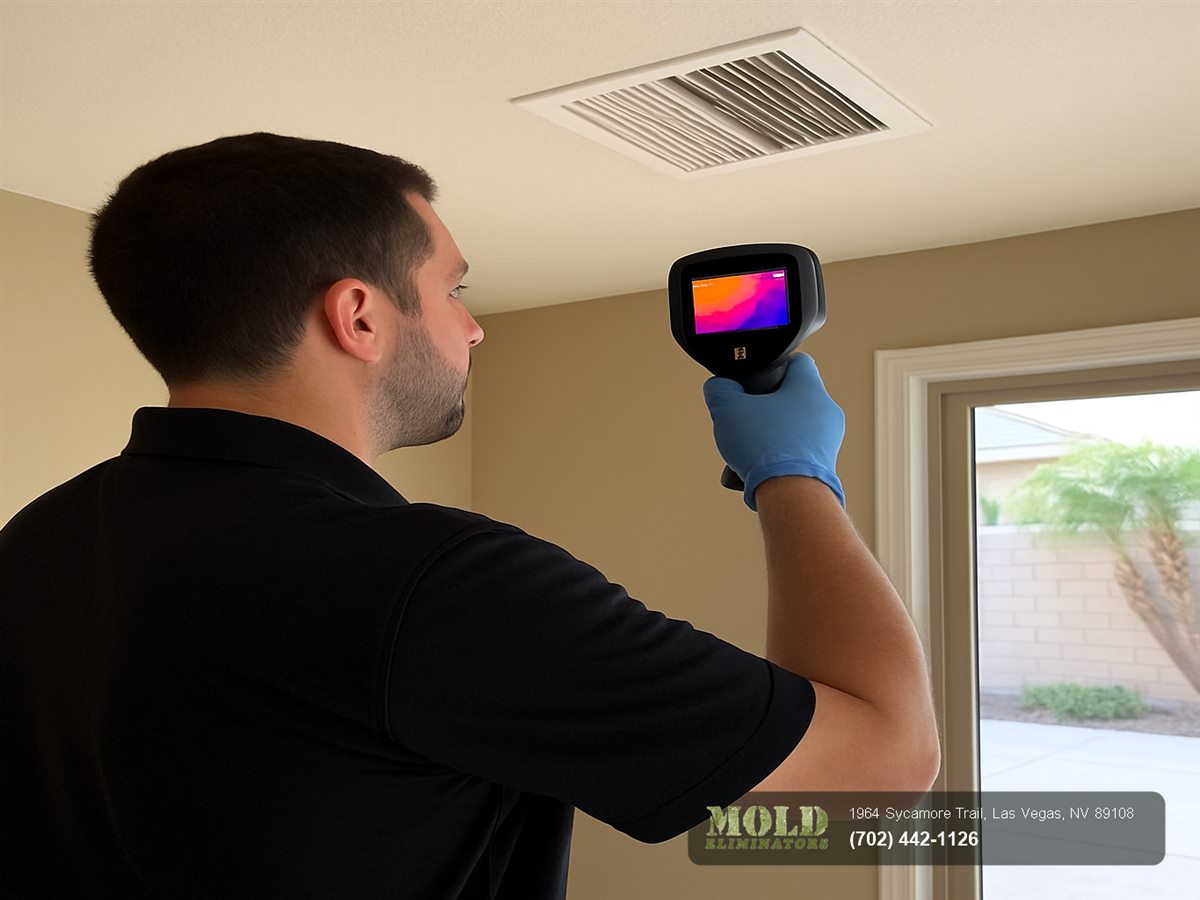 Mold Eliminators inspector scanning a Las Vegas ceiling with a thermal imaging camera during a mold inspection