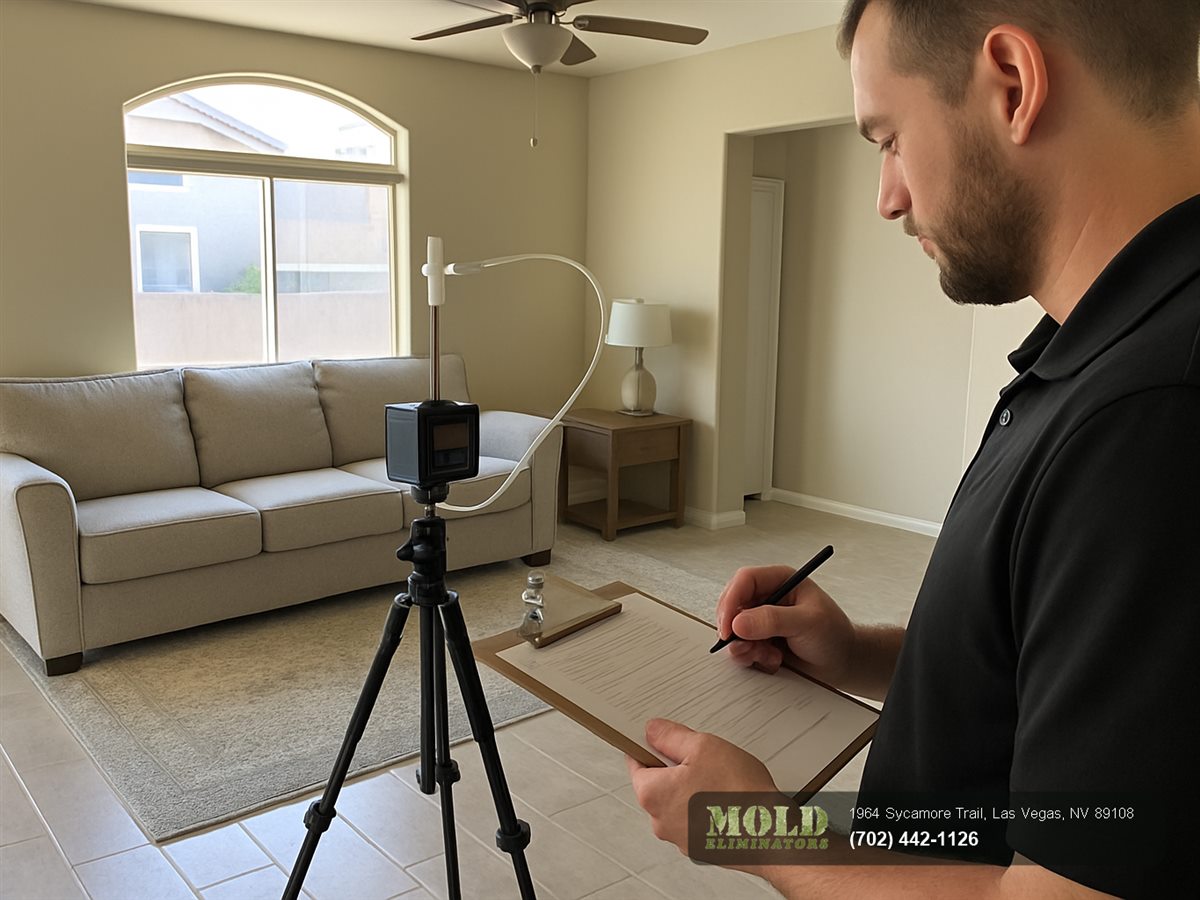 Air sampling pump and spore trap cassette collecting a mold sample for independent lab analysis in a Las Vegas home