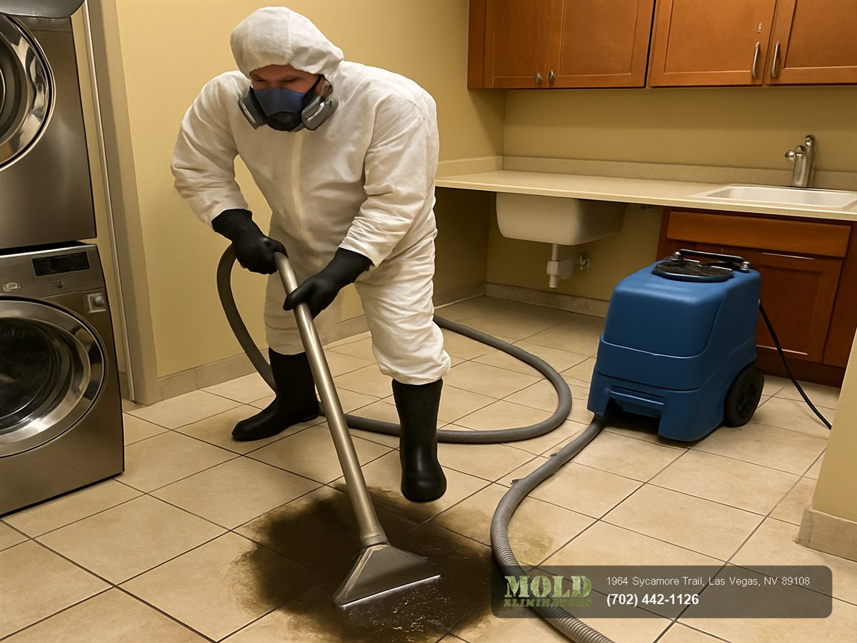 Mold Eliminators technician extracting contaminated water from a Las Vegas floor after a Category 3 sewage backup