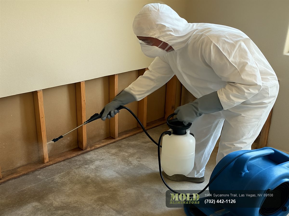 Antimicrobial disinfectant applied to stripped subfloor and framing after a Las Vegas sewage cleanup