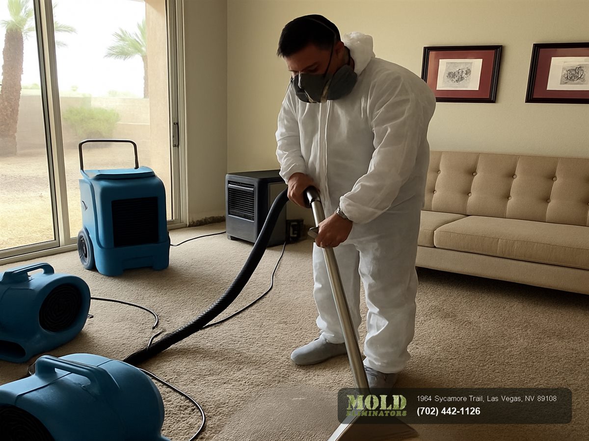 Mold Eliminators technician extracting water from soaked carpet with air movers running in a Las Vegas home