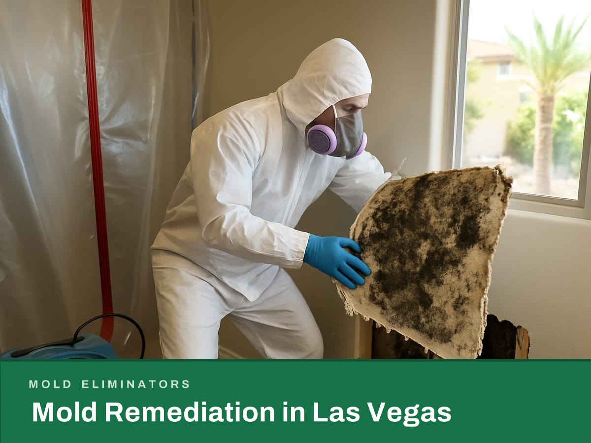 Mold Remediation in Las Vegas by Mold Eliminators. Technician performing mold remediation with containment in a Las Vegas property.
