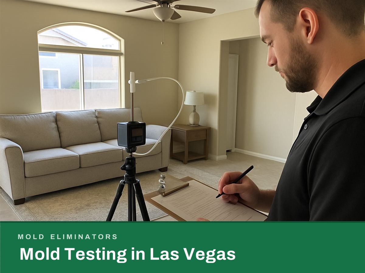 Mold Testing in Las Vegas by Mold Eliminators. Air sampling pump and spore trap cassette collecting a mold sample for independent lab analysis in a Las Vegas home.