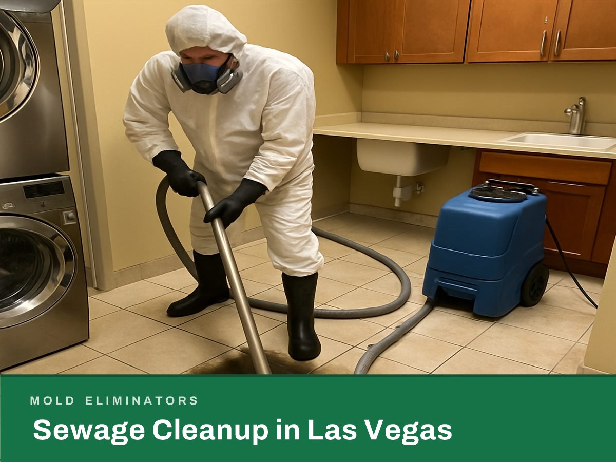 Sewage Cleanup in Las Vegas by Mold Eliminators. Technician extracting contaminated water from a Las Vegas floor after a Category 3 sewage backup.